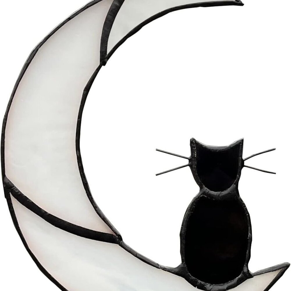 Black Cat Decor On White Moon Stained Glass Window Hanging Suncatcher for Window